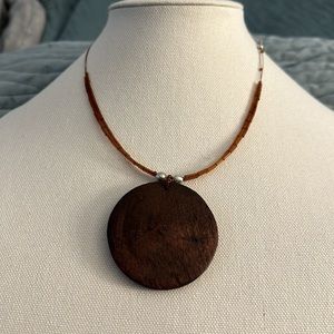 Women 18 inches collar necklace with hollow dark brown wood circle